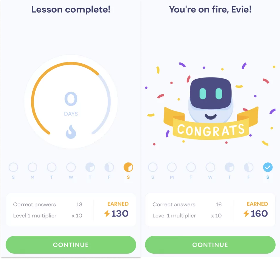 two 'lesson complete' screens on the Mimo app, one reading 'Lesson complete!' and the next reading 'You're on fire, Evie!'
