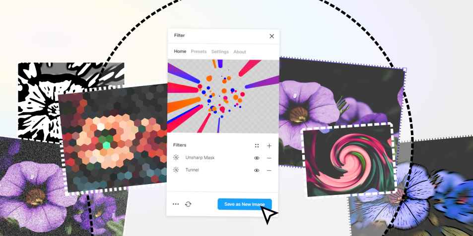 A promotional image from Leonard Thomas' 'Filter' photo-editing plugin for Figma