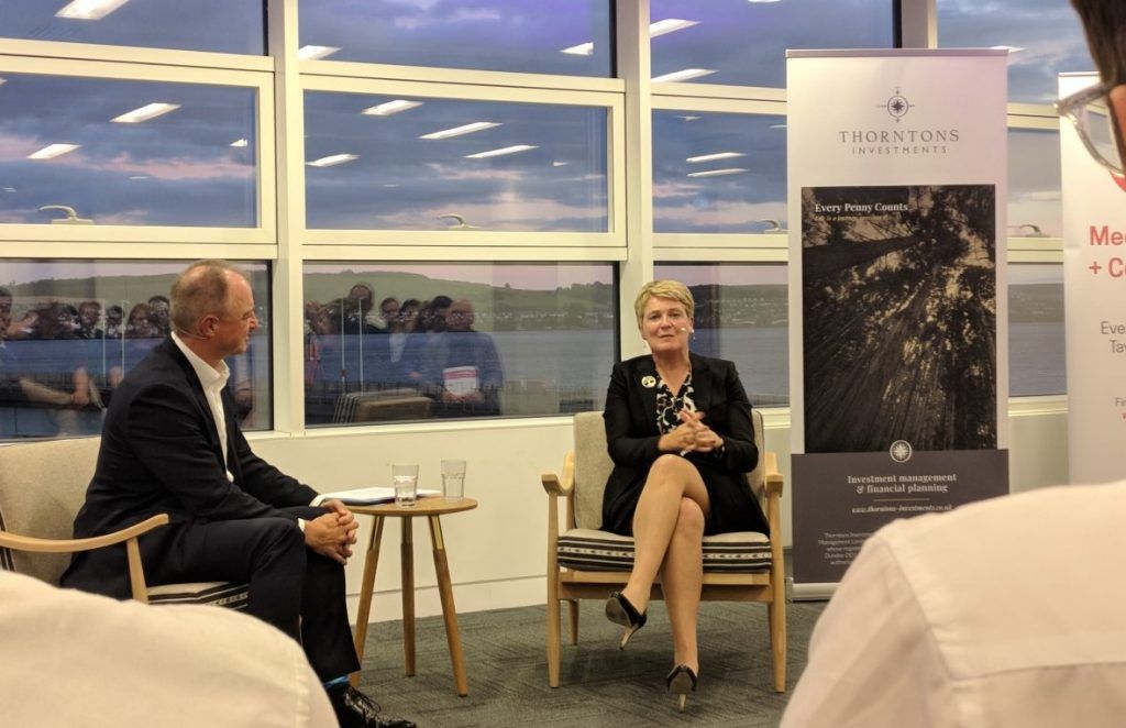 Edel Harris is interviewed by Andy Lothian at a Societay event in Dundee